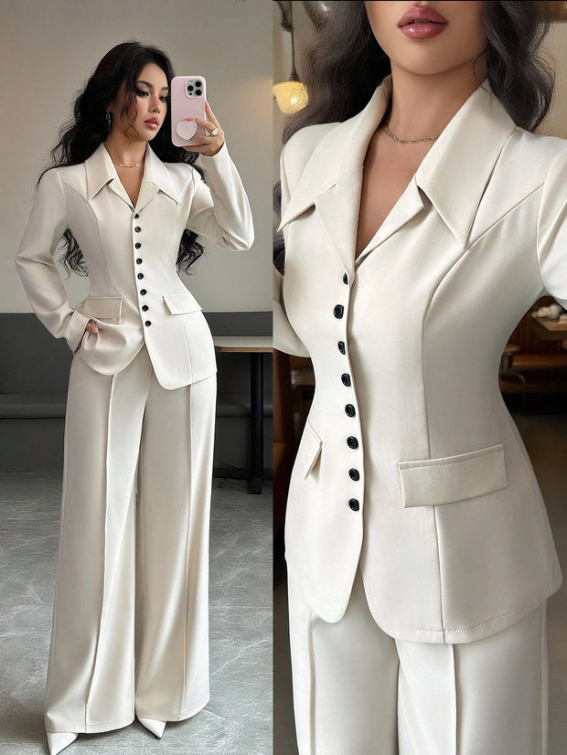 Elenzga Women's Burgundy Solid Color Thick Fabric V-Neck Blazer Design With Black Contrast Color Button Fake Pocket Teacher/Office Formal Elegant Outfit