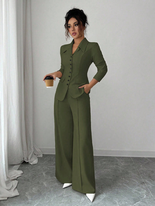 Elenzga Women's Burgundy Solid Color Thick Fabric V-Neck Blazer Design With Black Contrast Color Button Fake Pocket Teacher/Office Formal Elegant Outfit