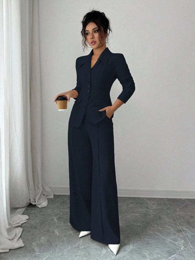 Elenzga Women's Burgundy Solid Color Thick Fabric V-Neck Blazer Design With Black Contrast Color Button Fake Pocket Teacher/Office Formal Elegant Outfit