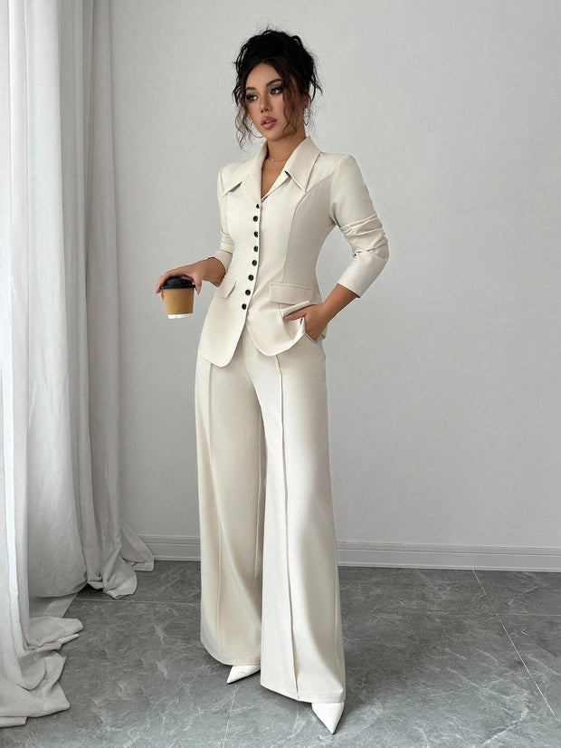 Elenzga Women's Burgundy Solid Color Thick Fabric V-Neck Blazer Design With Black Contrast Color Button Fake Pocket Teacher/Office Formal Elegant Outfit
