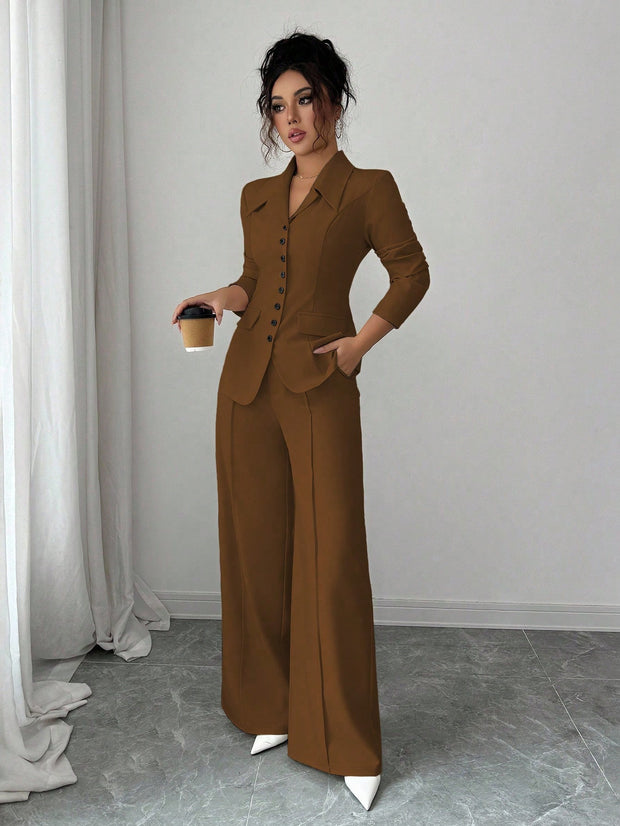 Elenzga Women's Burgundy Solid Color Thick Fabric V-Neck Blazer Design With Black Contrast Color Button Fake Pocket Teacher/Office Formal Elegant Outfit