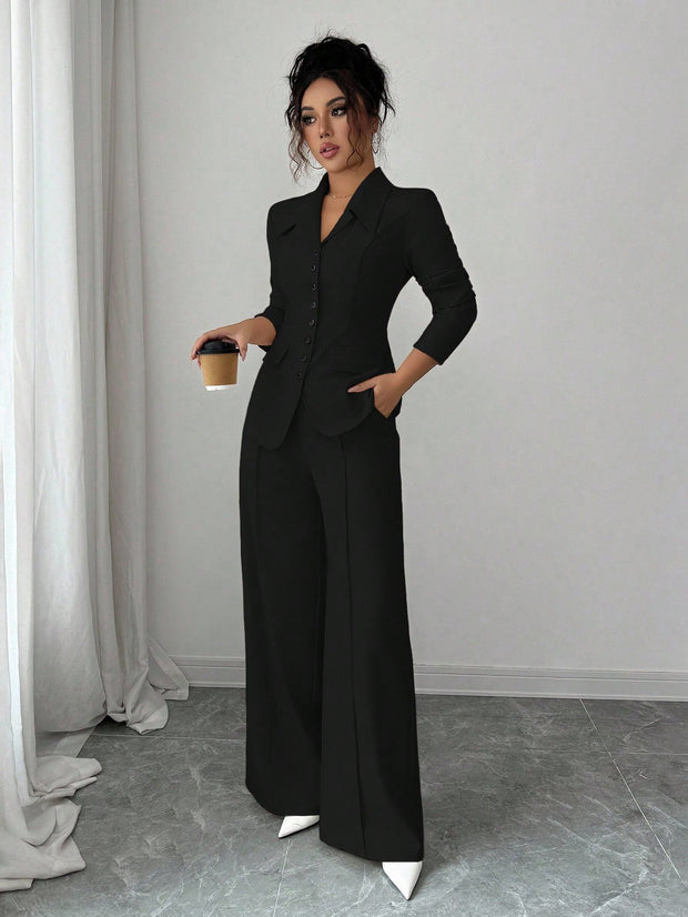 Elenzga Women's Burgundy Solid Color Thick Fabric V-Neck Blazer Design With Black Contrast Color Button Fake Pocket Teacher/Office Formal Elegant Outfit