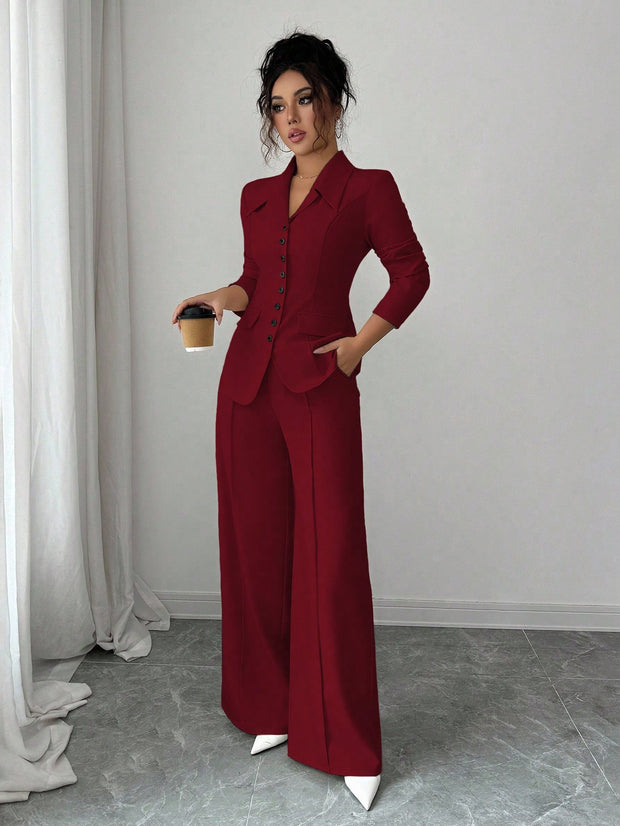 Elenzga Women's Burgundy Solid Color Thick Fabric V-Neck Blazer Design With Black Contrast Color Button Fake Pocket Teacher/Office Formal Elegant Outfit
