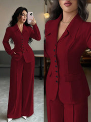 Elenzga Women's Burgundy Solid Color Thick Fabric V-Neck Blazer Design With Black Contrast Color Button Fake Pocket Teacher/Office Formal Elegant Outfit