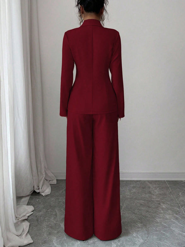 Elenzga Women's Burgundy Solid Color Thick Fabric V-Neck Blazer Design With Black Contrast Color Button Fake Pocket Teacher/Office Formal Elegant Outfit