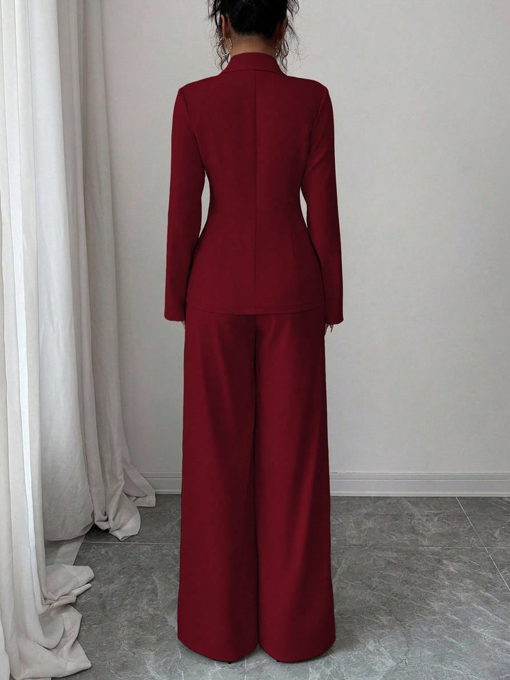 Elenzga Women's Burgundy Solid Color Thick Fabric V-Neck Blazer Design With Black Contrast Color Button Fake Pocket Teacher/Office Formal Elegant Outfit