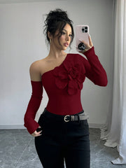 Elenzga Women's Elegant 3D Flower Decorate Oblique Shoulder Long Sleeve T-Shirt