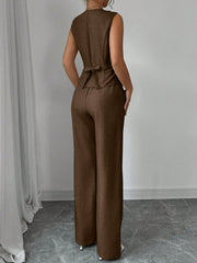 Elenzga Women Elegant Chic Commuter Casual Sleeveless V-Neck Gathered Waist Back Tie Vest & Straight Leg Pants Suit Set