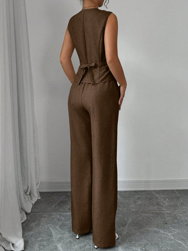 Elenzga Women Elegant Chic Commuter Casual Sleeveless V-Neck Gathered Waist Back Tie Vest & Straight Leg Pants Suit Set