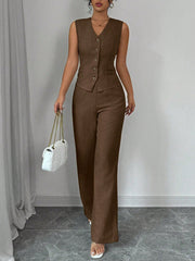 Elenzga Women Elegant Chic Commuter Casual Sleeveless V-Neck Gathered Waist Back Tie Vest & Straight Leg Pants Suit Set