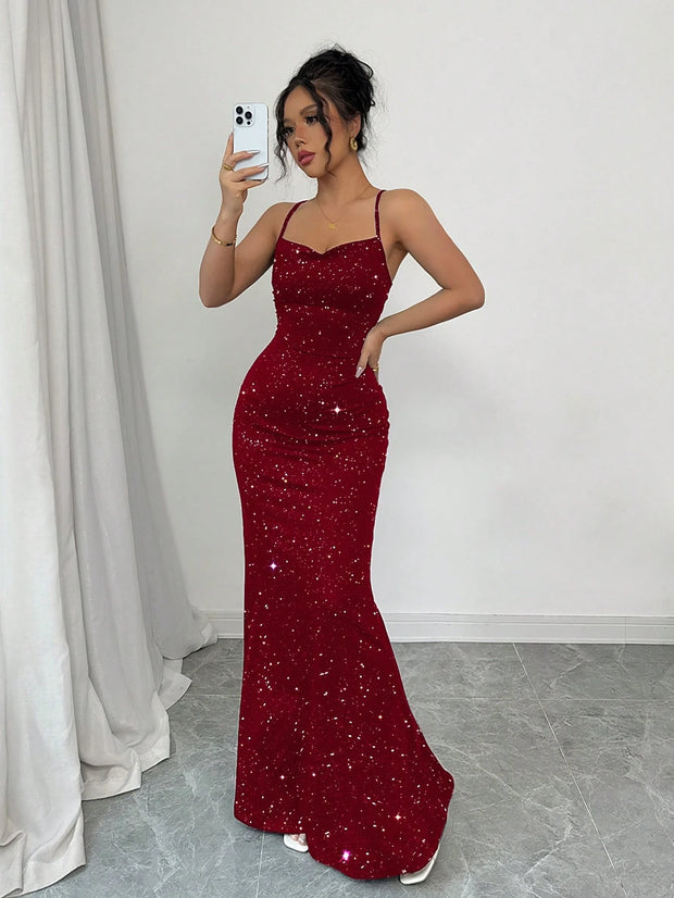 Elenzga Party Glitter Spaghetti Strap Tie-Up Design Women Dress