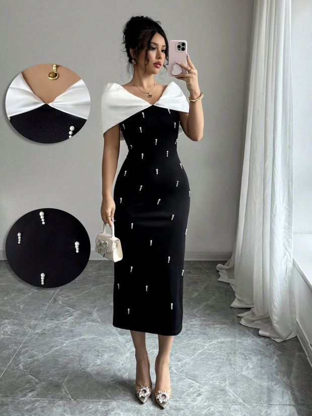 Elenzga Women's Elegant Commuter Color Block Rhinestone Decor Fitted Dress