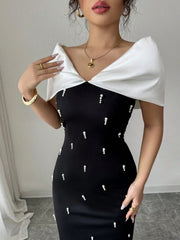 Elenzga Women's Elegant Commuter Color Block Rhinestone Decor Fitted Dress