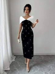 Elenzga Women's Elegant Commuter Color Block Rhinestone Decor Fitted Dress