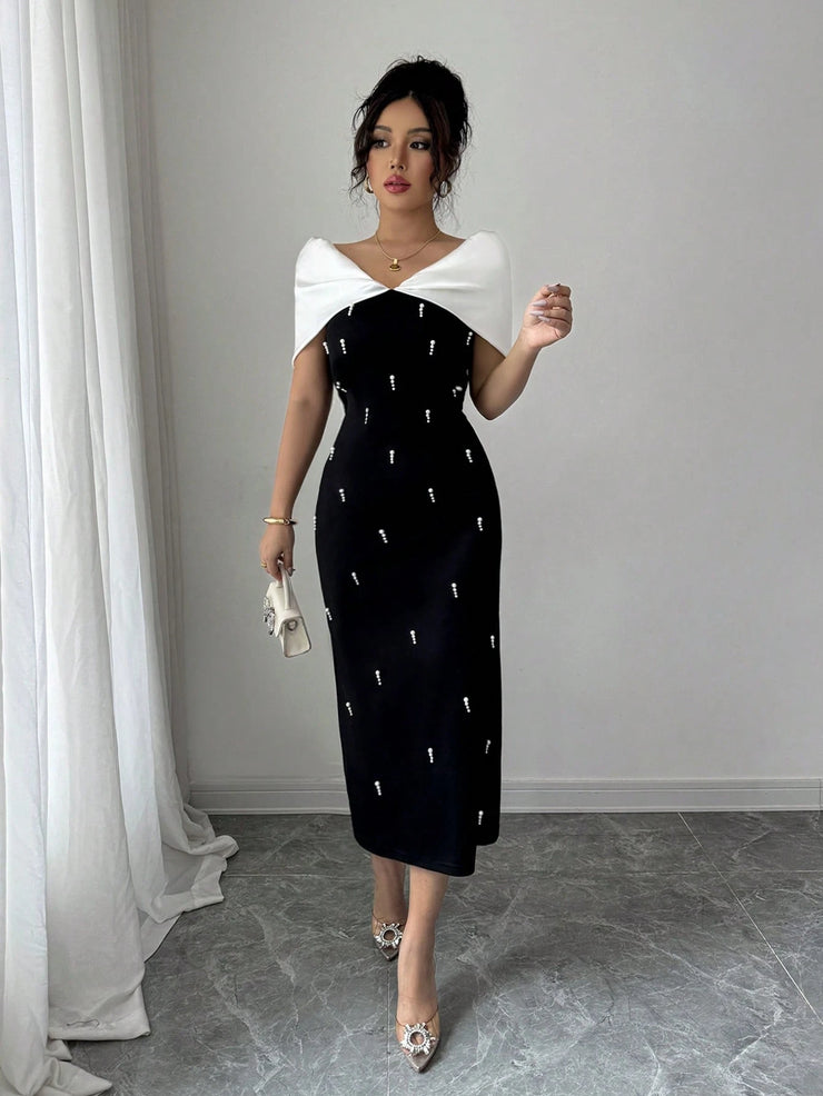 Elenzga Women's Elegant Commuter Color Block Rhinestone Decor Fitted Dress