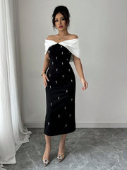 Elenzga Women's Elegant Commuter Color Block Rhinestone Decor Fitted Dress