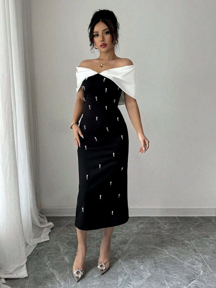 Elenzga Women's Elegant Commuter Color Block Rhinestone Decor Fitted Dress
