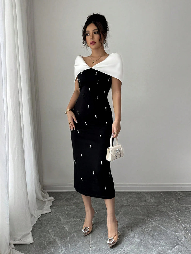Elenzga Women's Elegant Commuter Color Block Rhinestone Decor Fitted Dress