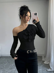 Elenzga Women's Elegant 3D Flower Decorate Oblique Shoulder Long Sleeve T-Shirt