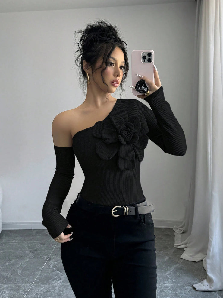 Elenzga Women's Elegant 3D Flower Decorate Oblique Shoulder Long Sleeve T-Shirt