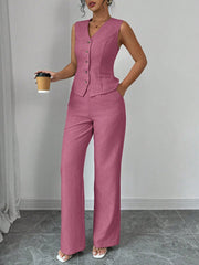 Elenzga Women Elegant Chic Commuter Casual Sleeveless V-Neck Gathered Waist Back Tie Vest & Straight Leg Pants Suit Set