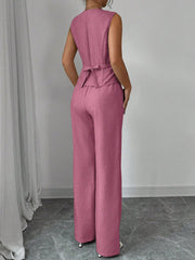 Elenzga Women Elegant Chic Commuter Casual Sleeveless V-Neck Gathered Waist Back Tie Vest & Straight Leg Pants Suit Set