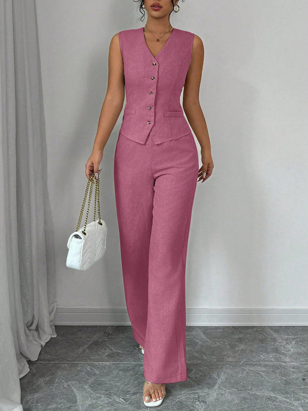 Elenzga Women Elegant Chic Commuter Casual Sleeveless V-Neck Gathered Waist Back Tie Vest & Straight Leg Pants Suit Set