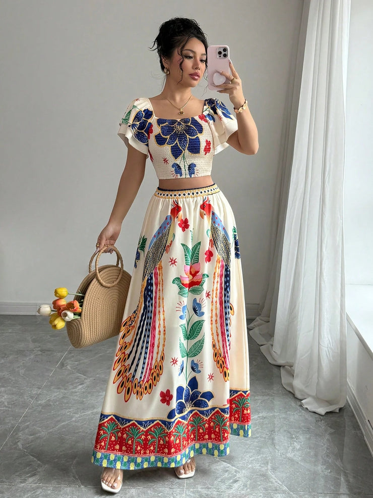 Elenzga Women's Elegant Square Neck Ruffle Waist Floral Print A-Line Set