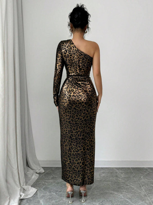 Elenzga Women's Elegant French Leopard Print Metallic Fabric Long Sleeve Dress With Waist Torsion And Slit