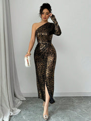 Elenzga Women's Elegant French Leopard Print Metallic Fabric Long Sleeve Dress With Waist Torsion And Slit