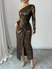 Elenzga Women's Elegant French Leopard Print Metallic Fabric Long Sleeve Dress With Waist Torsion And Slit