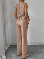 Elenzga Women Elegant Chic Commuter Casual Sleeveless V-Neck Gathered Waist Back Tie Vest & Straight Leg Pants Suit Set