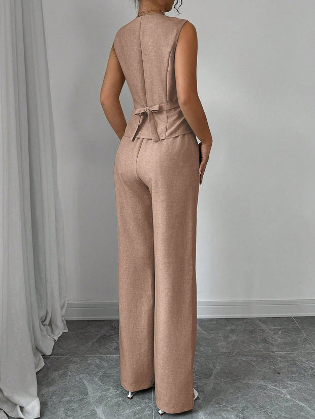 Elenzga Women Elegant Chic Commuter Casual Sleeveless V-Neck Gathered Waist Back Tie Vest & Straight Leg Pants Suit Set