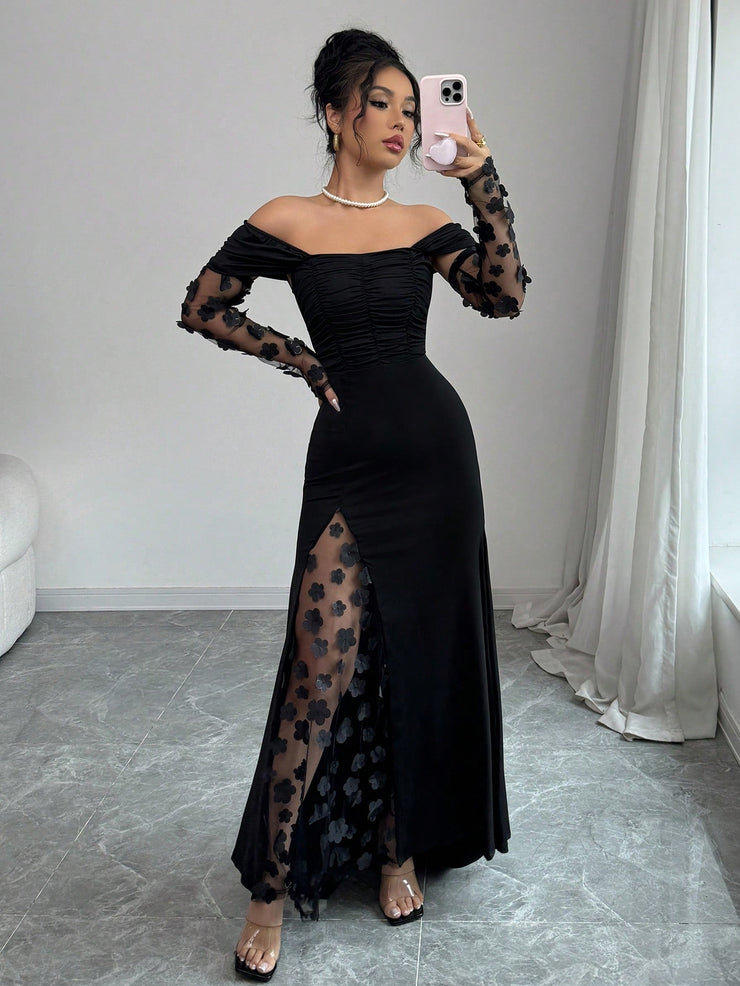 Elenzga Women's Elegant Floral Off Shoulder Dress, Romantic And Glamorous For Party