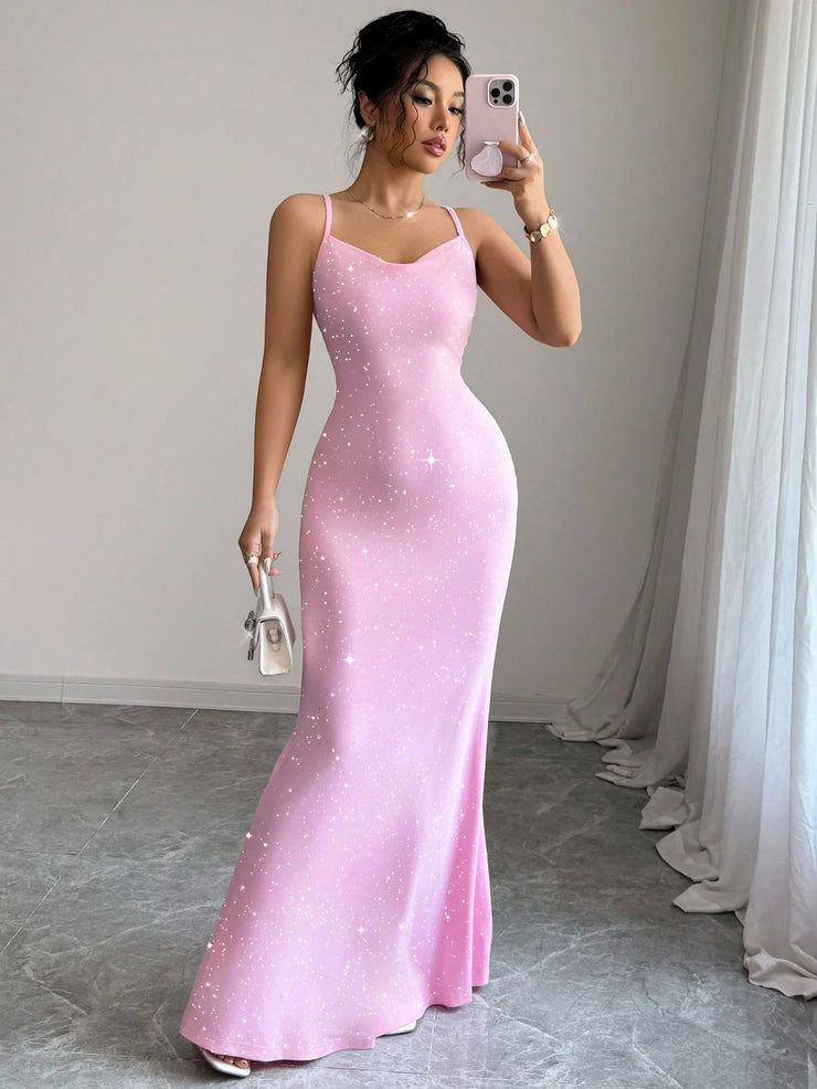 Elenzga Party Glitter Spaghetti Strap Tie-Up Design Women Dress