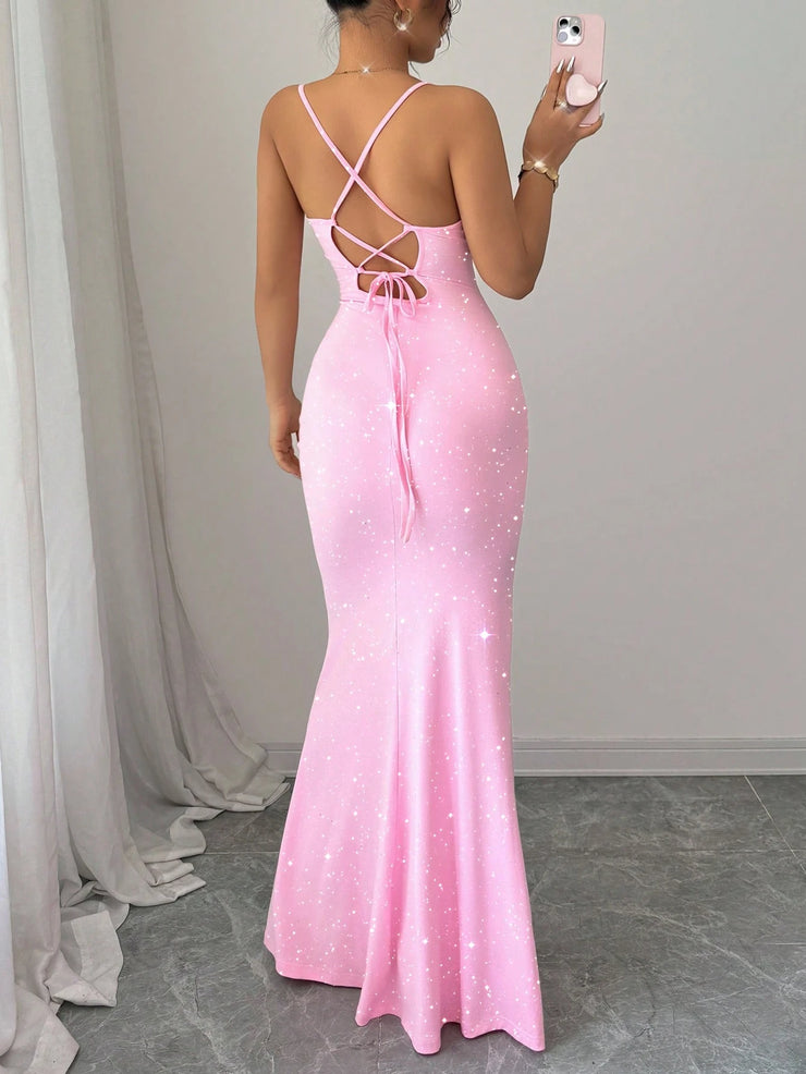Elenzga Party Glitter Spaghetti Strap Tie-Up Design Women Dress