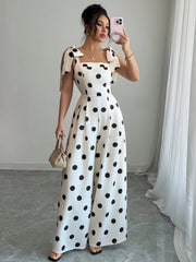 Elenzga Women's Vintage Elegant Polka Dot Print Ruffle Tie Shoulder Jumpsuit, Music Festival Holiday Casual Commuting
