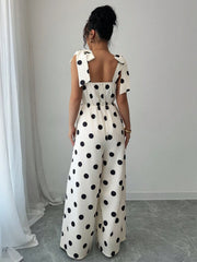 Elenzga Women's Vintage Elegant Polka Dot Print Ruffle Tie Shoulder Jumpsuit, Music Festival Holiday Casual Commuting