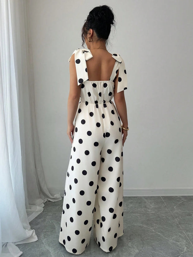 Elenzga Women's Vintage Elegant Polka Dot Print Ruffle Tie Shoulder Jumpsuit, Music Festival Holiday Casual Commuting