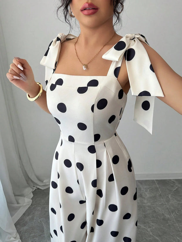 Elenzga Women's Vintage Elegant Polka Dot Print Ruffle Tie Shoulder Jumpsuit, Music Festival Holiday Casual Commuting