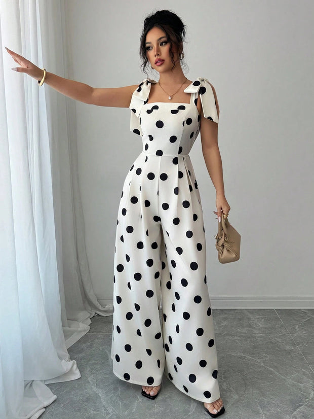 Elenzga Women's Vintage Elegant Polka Dot Print Ruffle Tie Shoulder Jumpsuit, Music Festival Holiday Casual Commuting