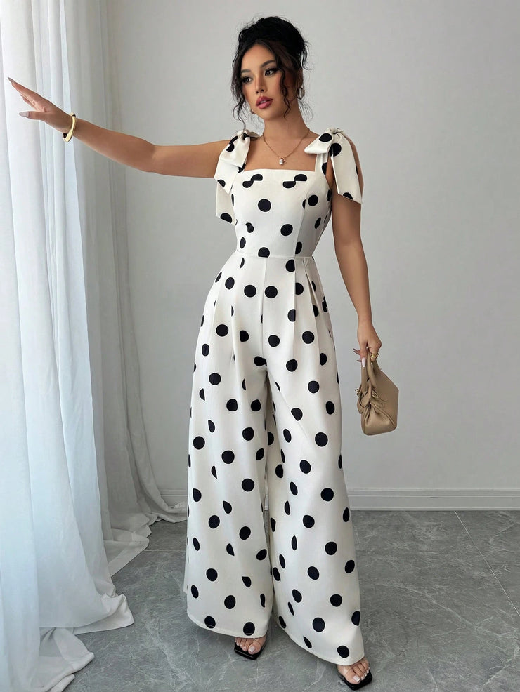 Elenzga Women's Vintage Elegant Polka Dot Print Ruffle Tie Shoulder Jumpsuit, Music Festival Holiday Casual Commuting
