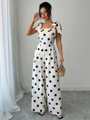 Elenzga Women's Vintage Elegant Polka Dot Print Ruffle Tie Shoulder Jumpsuit, Music Festival Holiday Casual Commuting