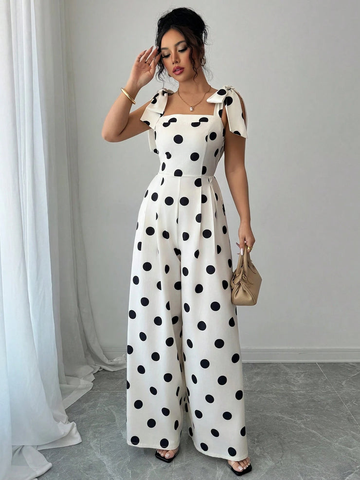 Elenzga Women's Vintage Elegant Polka Dot Print Ruffle Tie Shoulder Jumpsuit, Music Festival Holiday Casual Commuting