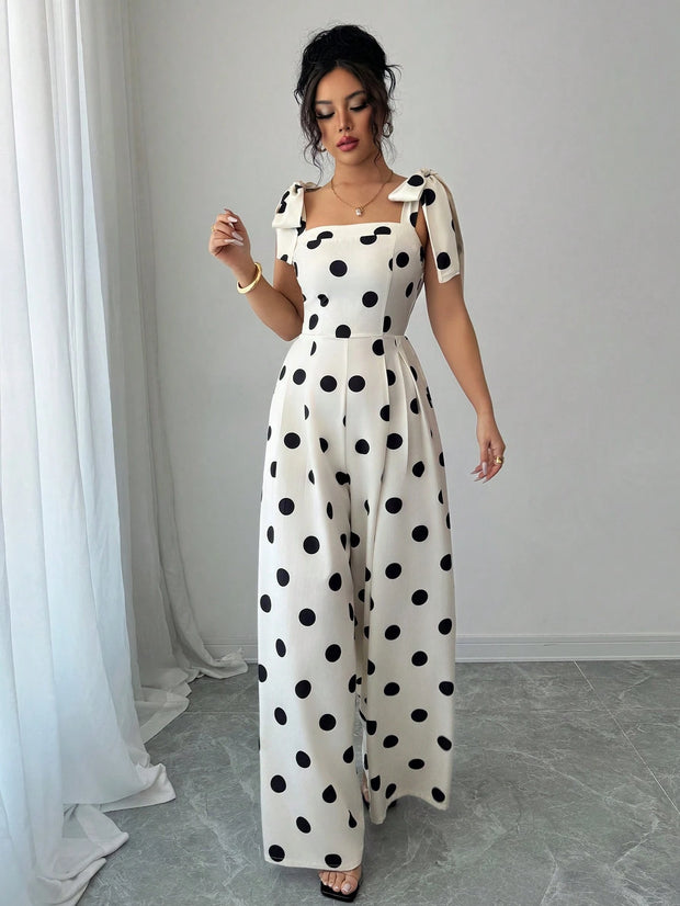 Elenzga Women's Vintage Elegant Polka Dot Print Ruffle Tie Shoulder Jumpsuit, Music Festival Holiday Casual Commuting