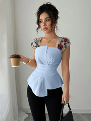 Elenzga Women's Waisted Asymmetrical Patchwork Embroidery Sheer Chiffon Peplum Top