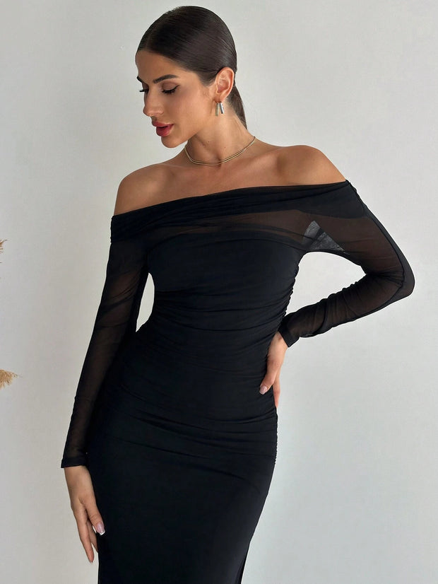 Firerie Women White Asymmetric Collar Long Sleeve Long Slit Dress