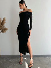 Firerie Women White Asymmetric Collar Long Sleeve Long Slit Dress