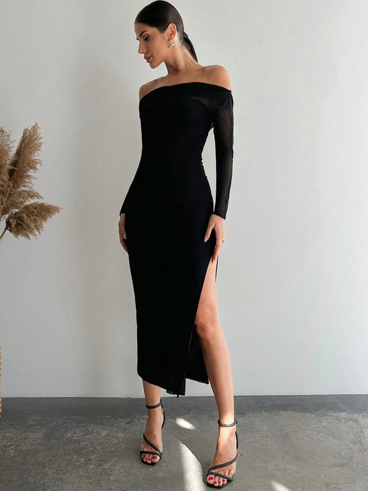 Firerie Women White Asymmetric Collar Long Sleeve Long Slit Dress