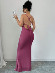 Firerie Women's Elegant Sexy Sheer Sparkling Criss-Cross Backless Bodycon Mid-Length Dress
